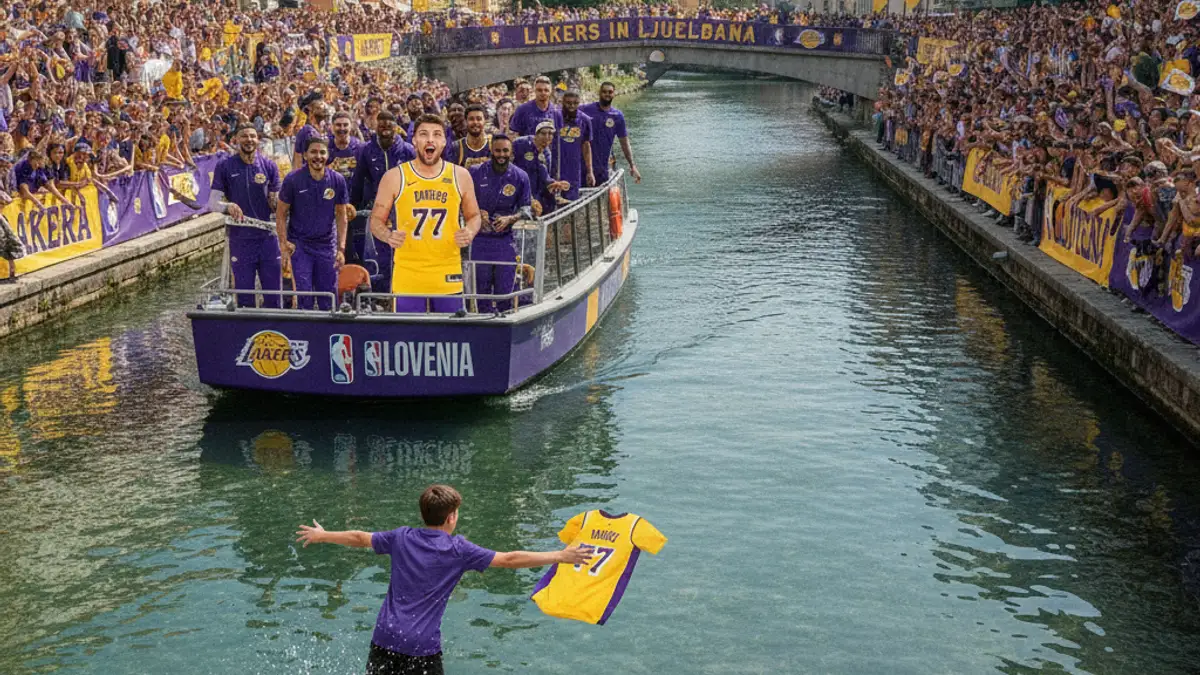 Lakers fan jumps into canal as Luka Dončić watches stunnedluka doncic lakers slovenia fan shirt